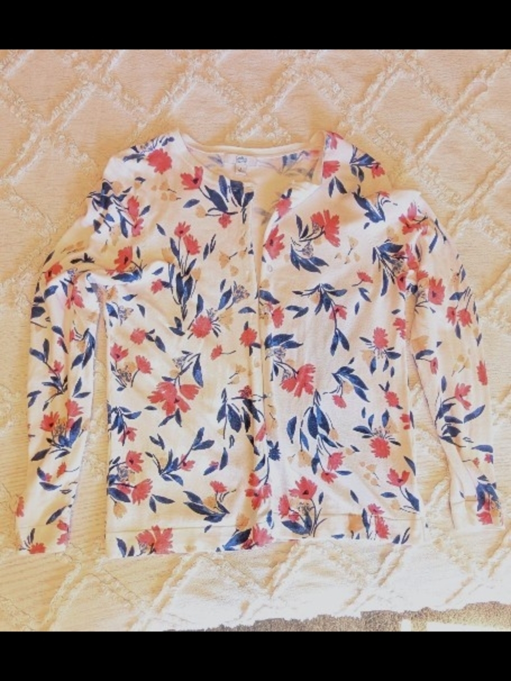 Croft & Barrow White Cardigan with Blue and Coral Floral Print